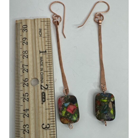 Artisan Crafted Hammered Copper And Sea Sediment Jasper Dangle Earrings Boho - Picture 6 of 6
